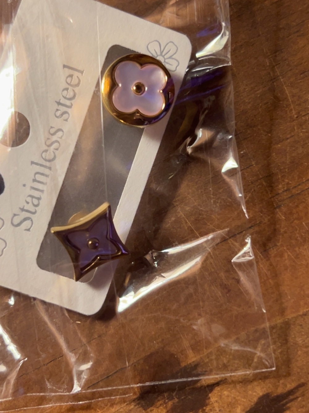 Stainless Steel Purple Flower Stud Earrings - Gold Accent